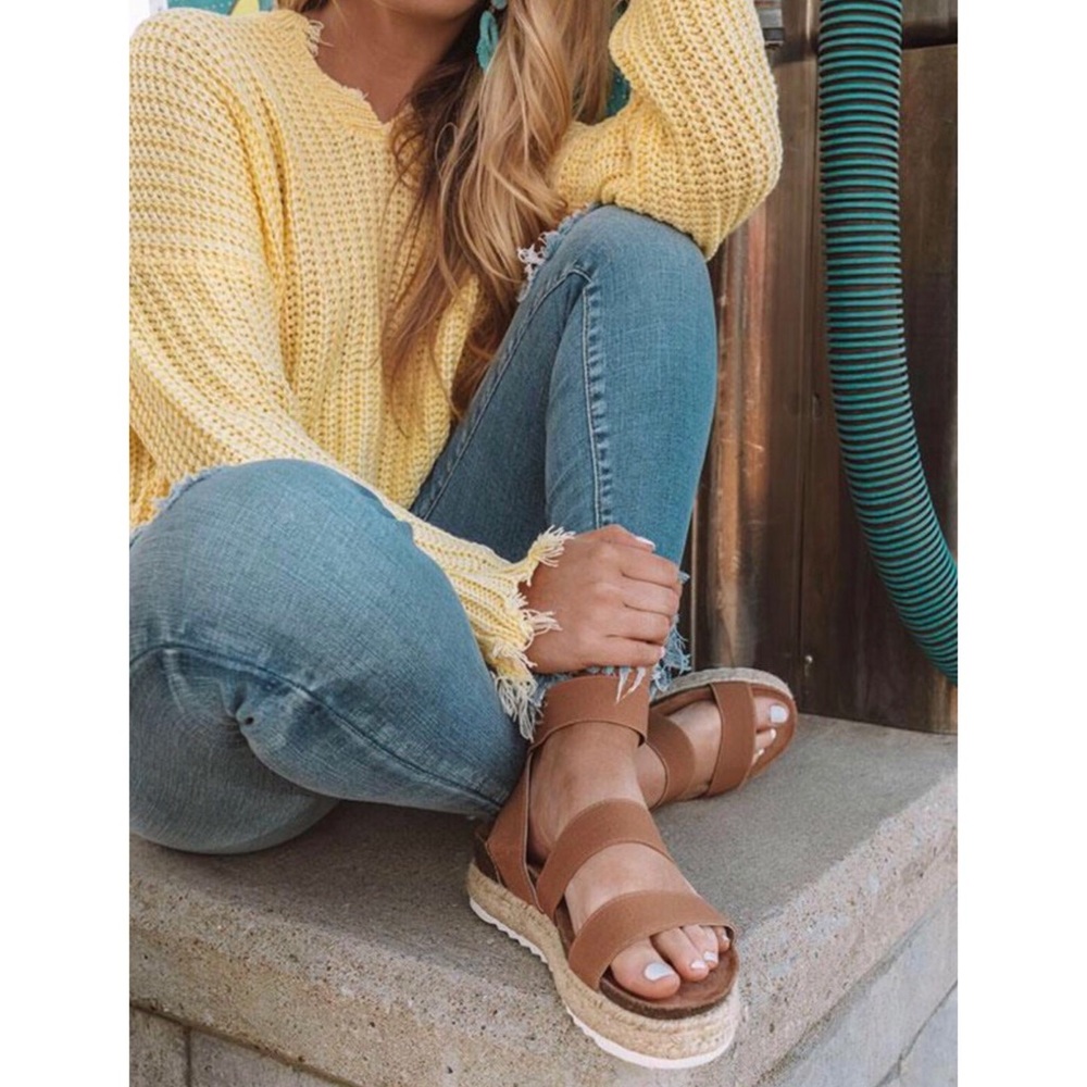 Tan Camel Espadrille Platform Two Strap Sandals - Picture 2 of 9